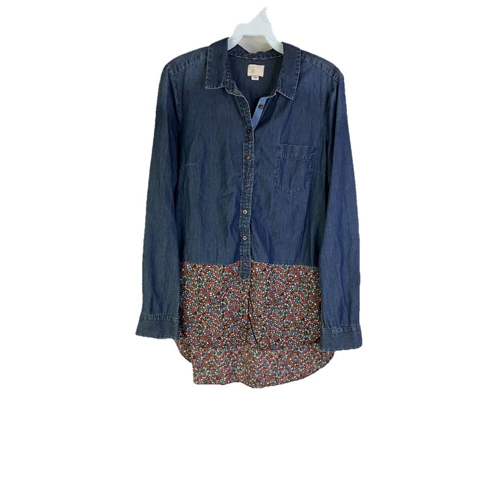 Postage Stamp Anthropologie Chambray Denim Floral Button Shirt